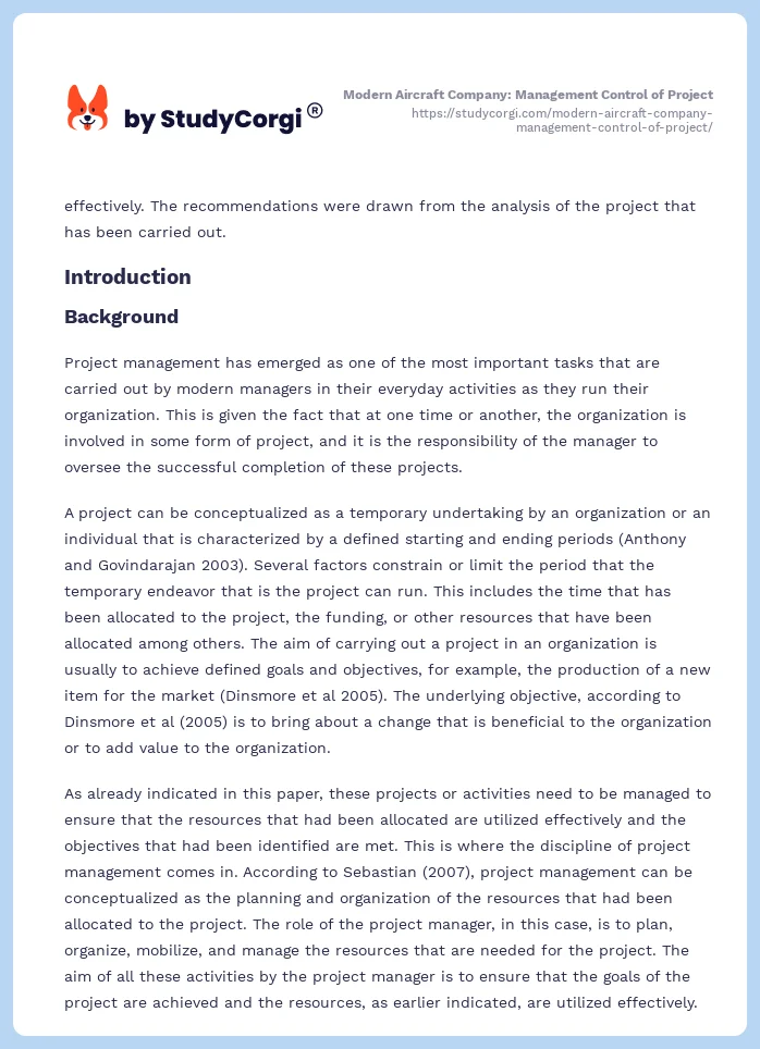 Modern Aircraft Company: Management Control of Project. Page 2
