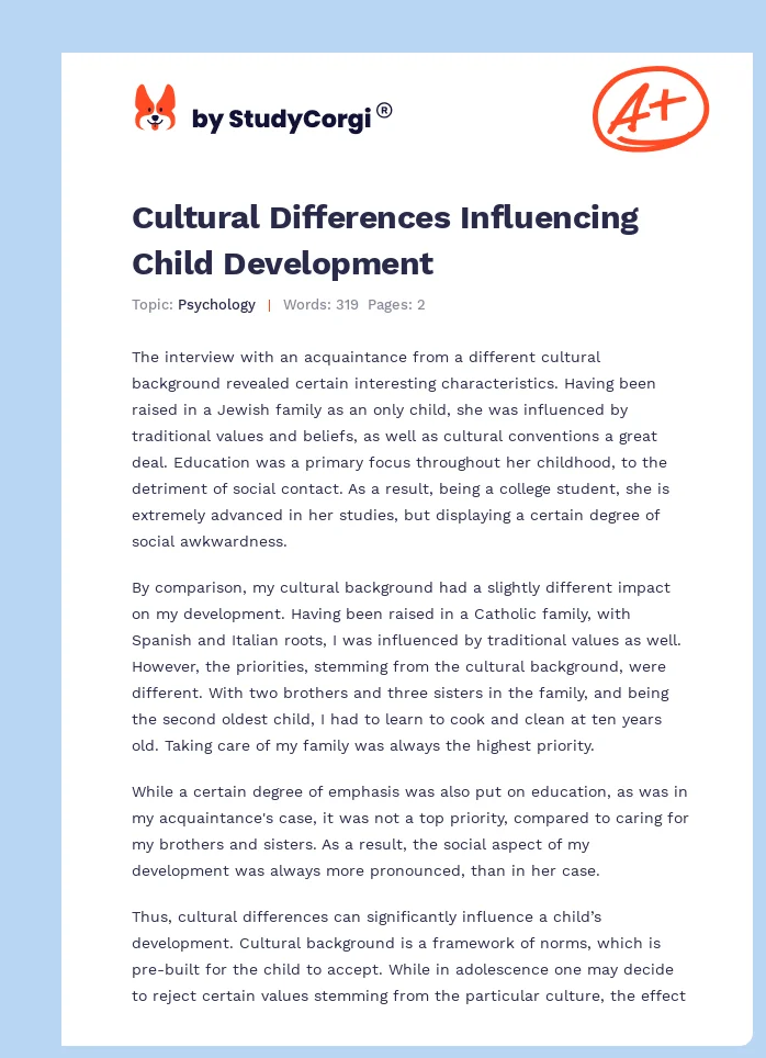 Cultural Differences Influencing Child Development. Page 1