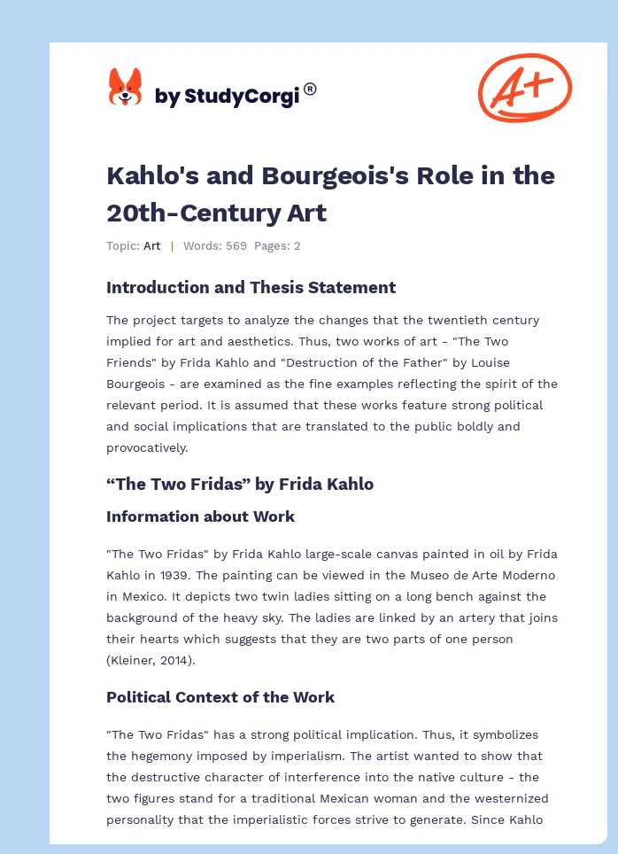 Kahlo's and Bourgeois's Role in the 20th-Century Art. Page 1