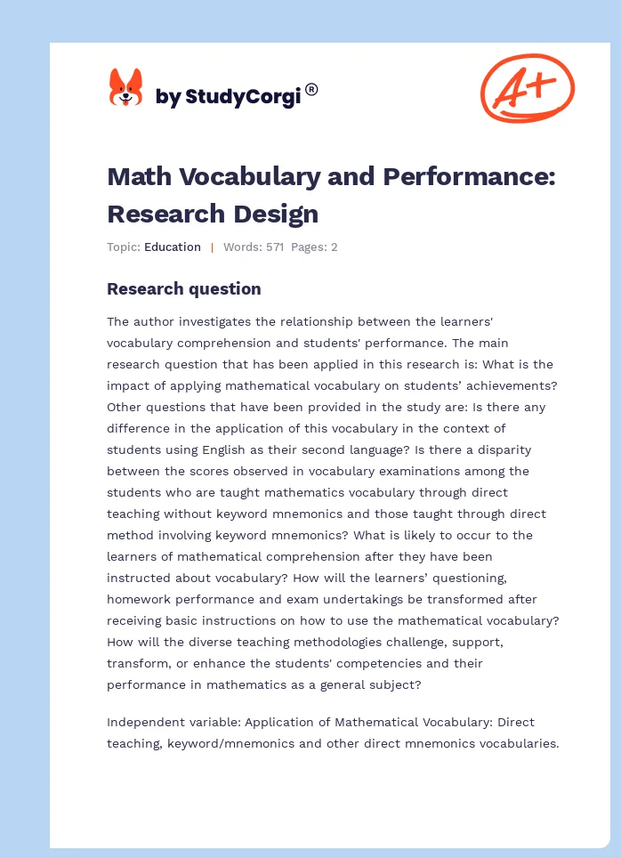 Math Vocabulary and Performance: Research Design. Page 1