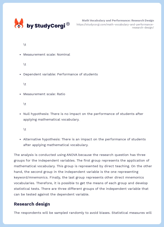 Math Vocabulary and Performance: Research Design. Page 2