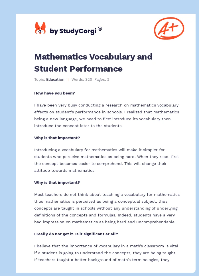 Mathematics Vocabulary and Student Performance. Page 1