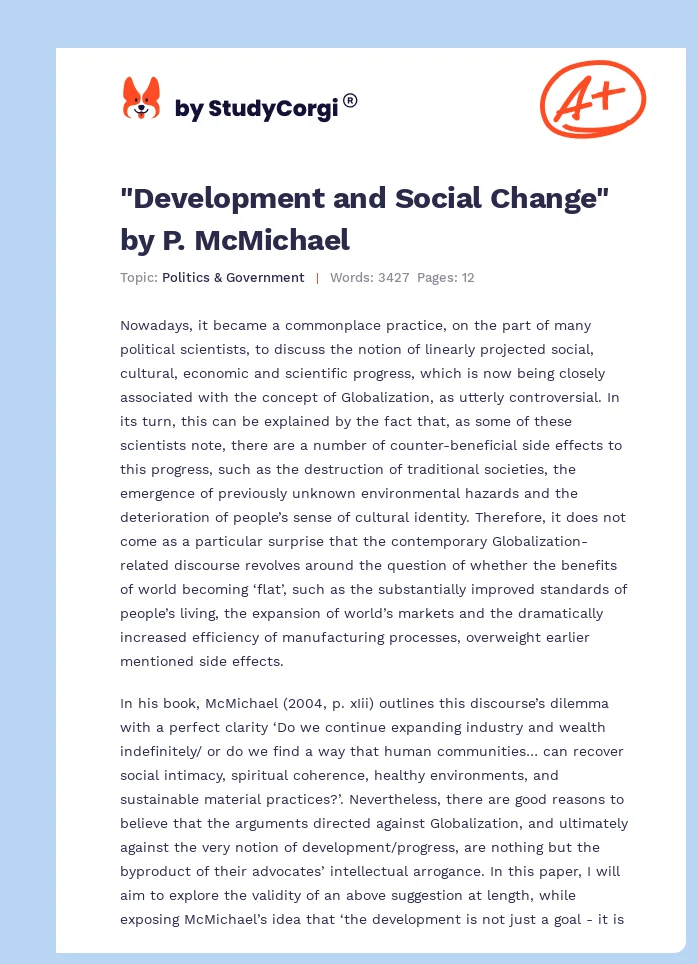 "Development and Social Change" by P. McMichael. Page 1