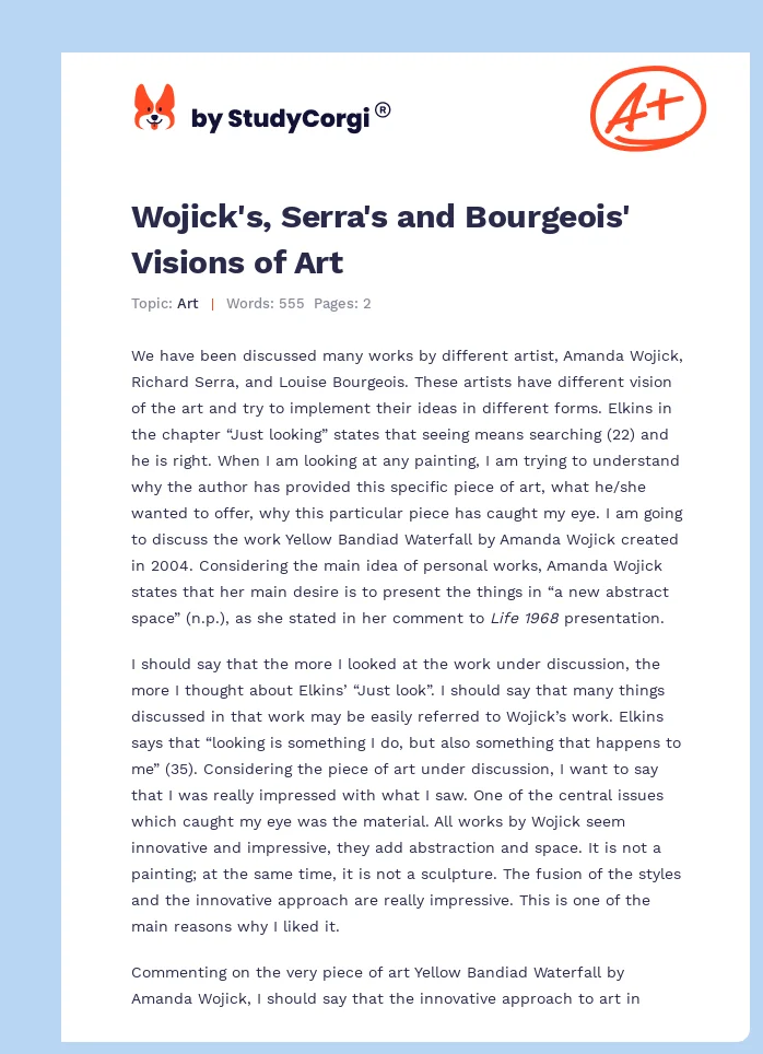Wojick's, Serra's and Bourgeois' Visions of Art. Page 1