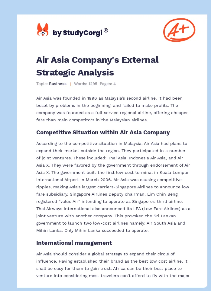 Air Asia Company's External Strategic Analysis. Page 1