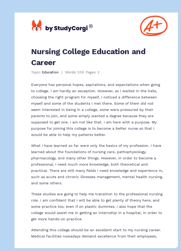 Nursing College Education and Career. Page 1