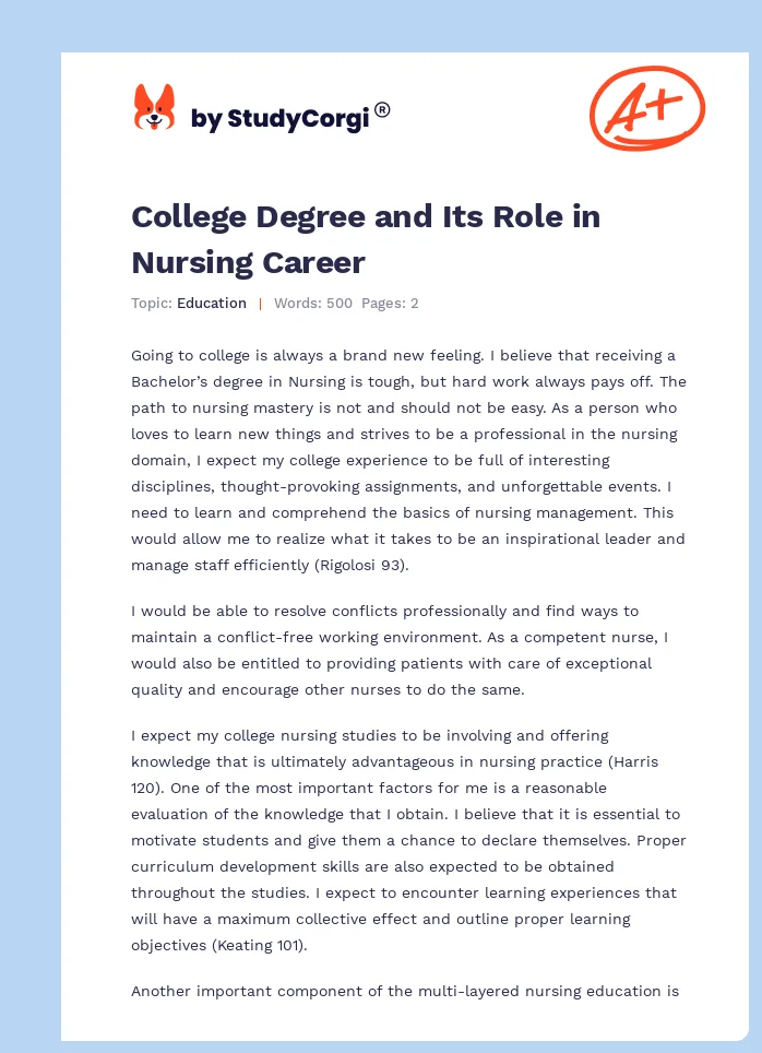 College Degree and Its Role in Nursing Career. Page 1