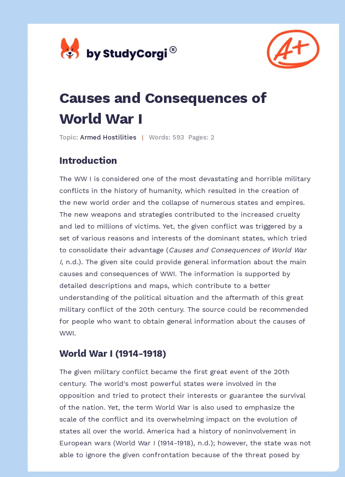 Causes and Consequences of World War I. Page 1