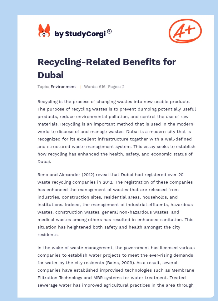 Recycling-Related Benefits for Dubai. Page 1