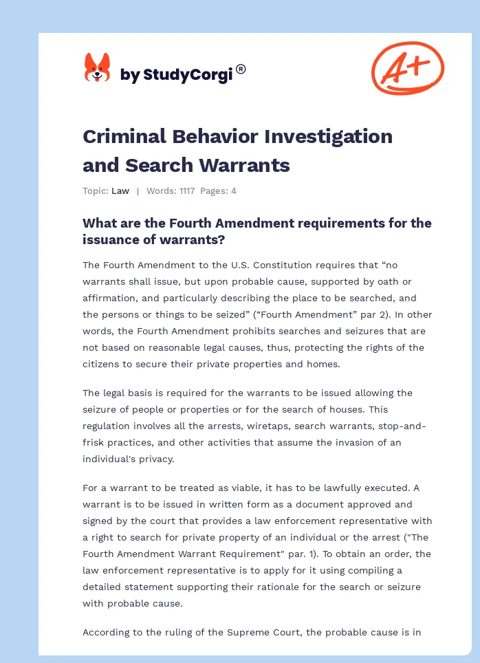 Criminal Behavior Investigation and Search Warrants. Page 1