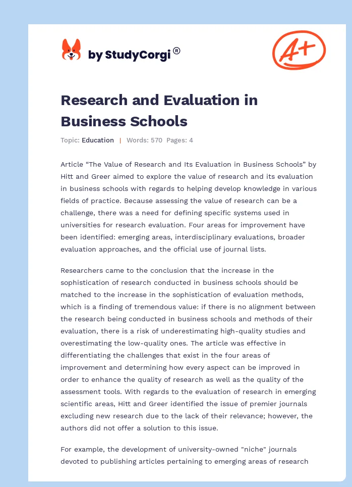 Research and Evaluation in Business Schools. Page 1
