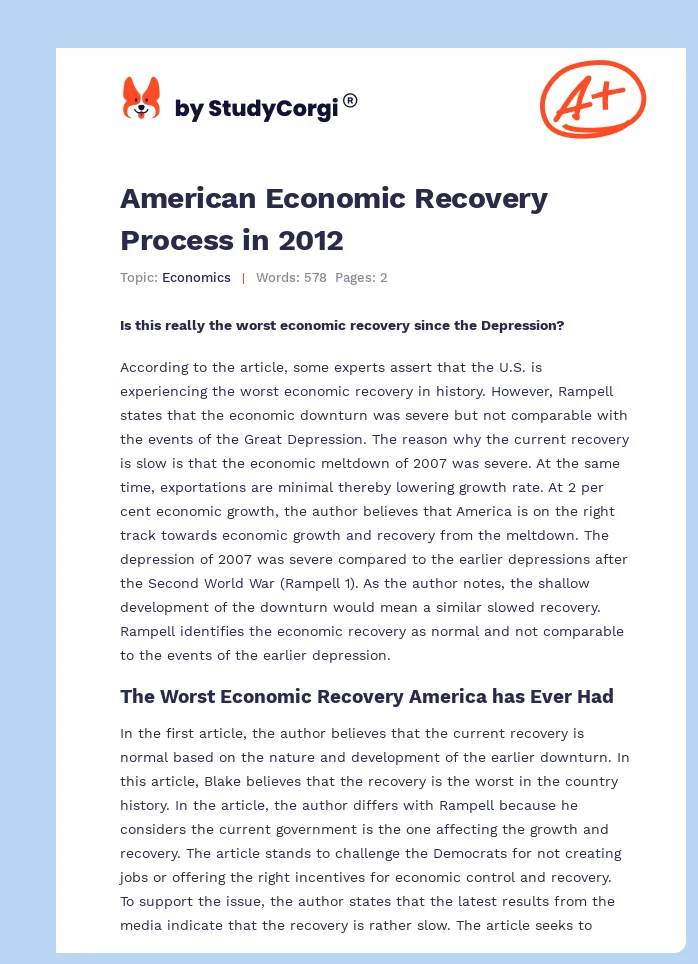 American Economic Recovery Process in 2012. Page 1