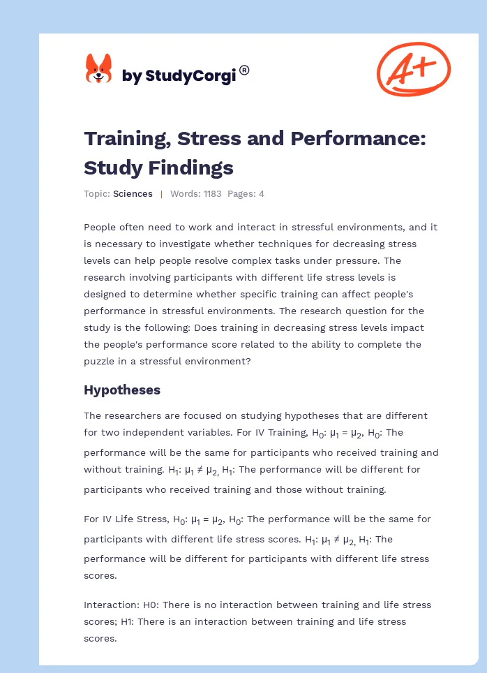 Training, Stress and Performance: Study Findings. Page 1