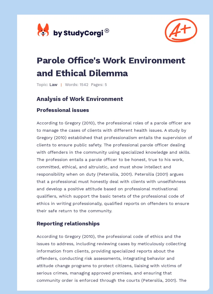 Parole Office's Work Environment and Ethical Dilemma. Page 1