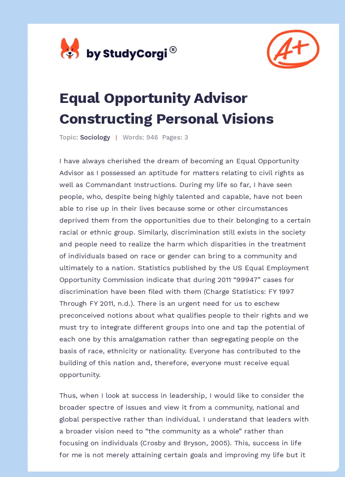 Equal Opportunity Advisor Constructing Personal Visions. Page 1
