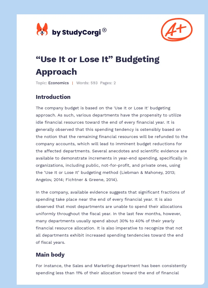 “Use It or Lose It” Budgeting Approach. Page 1