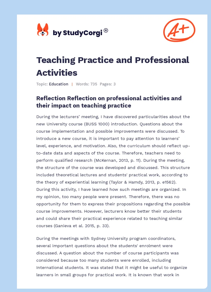 Teaching Practice and Professional Activities. Page 1