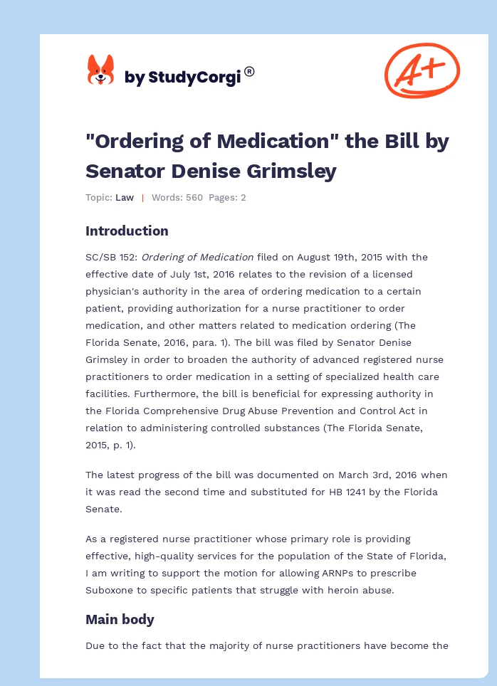 "Ordering of Medication" the Bill by Senator Denise Grimsley. Page 1