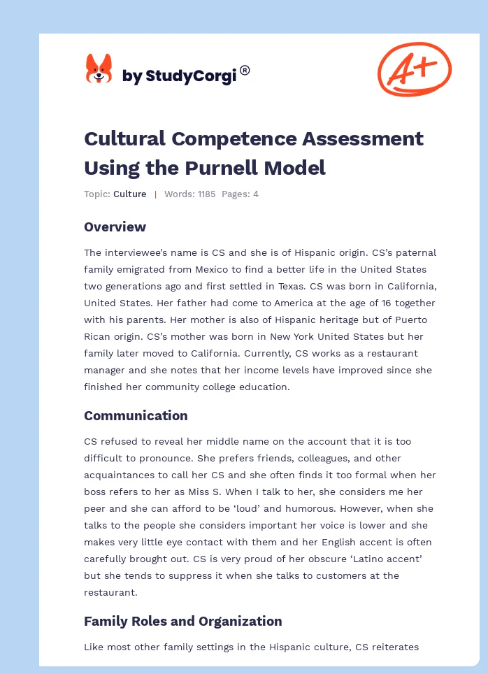 Cultural Competence Assessment Using the Purnell Model. Page 1
