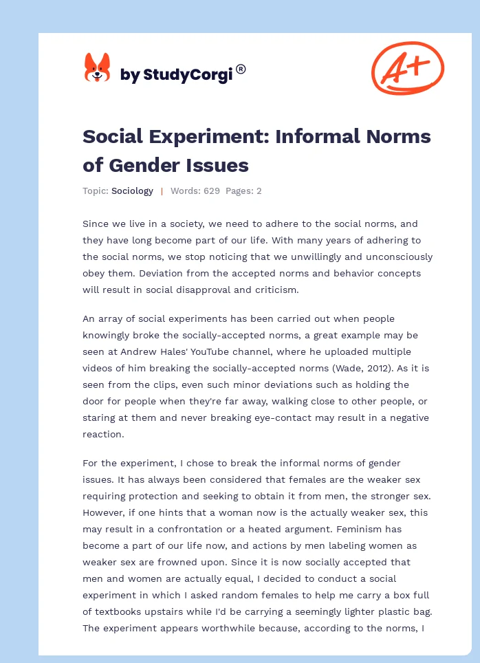 Social Experiment: Informal Norms of Gender Issues. Page 1