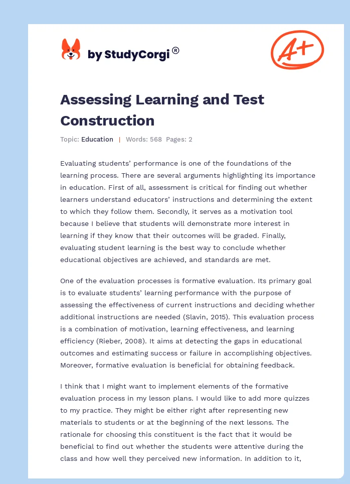 Assessing Learning and Test Construction. Page 1