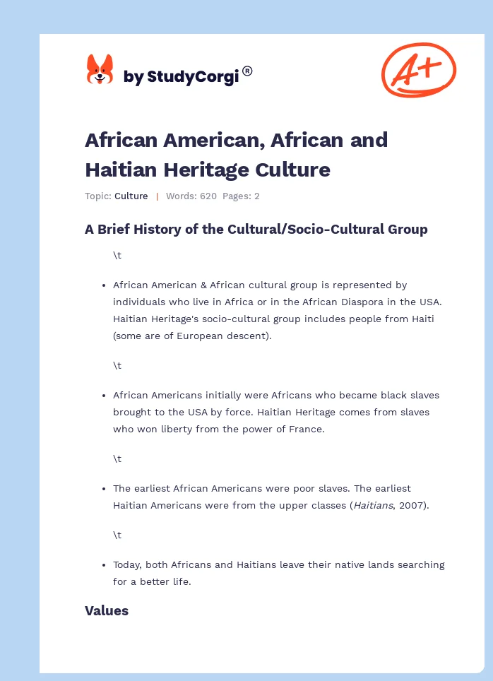 African American, African and Haitian Heritage Culture. Page 1