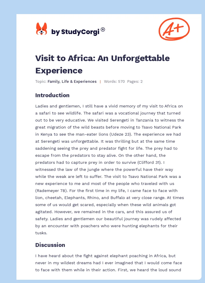 Visit to Africa: An Unforgettable Experience. Page 1