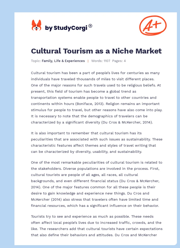 Cultural Tourism as a Niche Market. Page 1