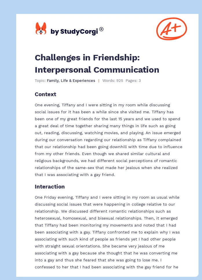 Challenges in Friendship: Interpersonal Communication. Page 1