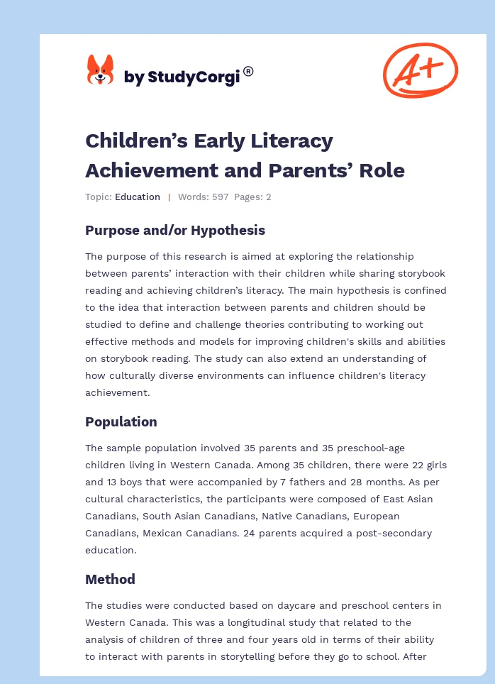 Children’s Early Literacy Achievement and Parents’ Role. Page 1