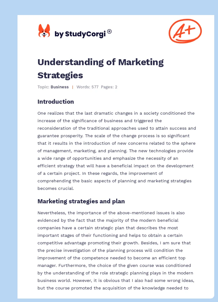 Understanding of Marketing Strategies. Page 1