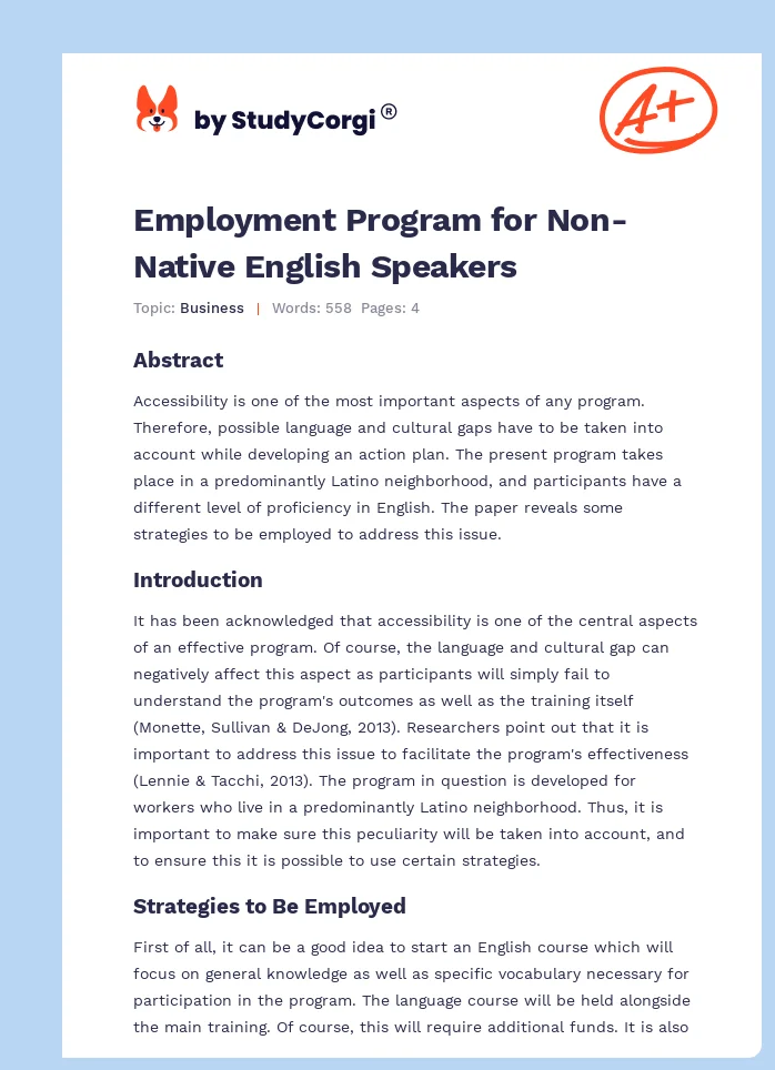 Employment Program for Non-Native English Speakers. Page 1