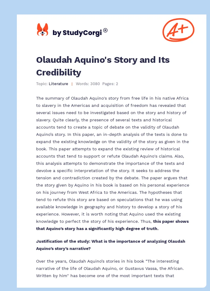 Olaudah Aquino's Story and Its Credibility. Page 1
