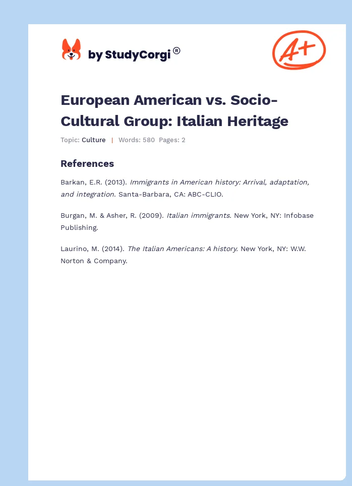 European American vs. Socio-Cultural Group: Italian Heritage. Page 1