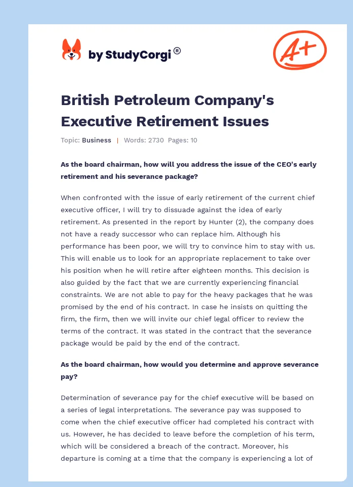 British Petroleum Company's Executive Retirement Issues. Page 1