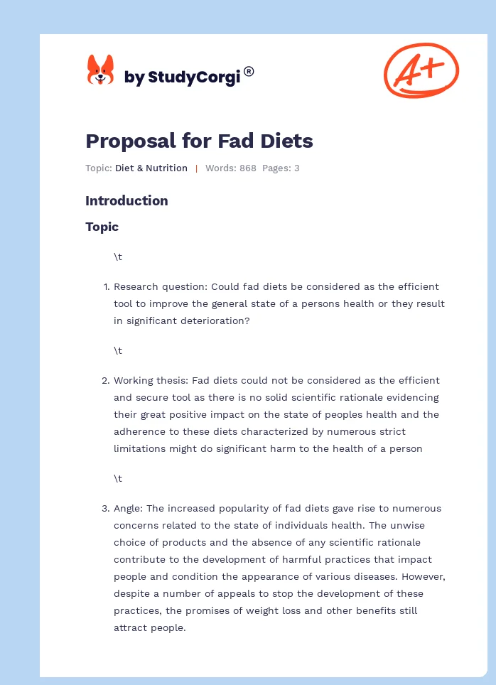 Proposal for Fad Diets. Page 1