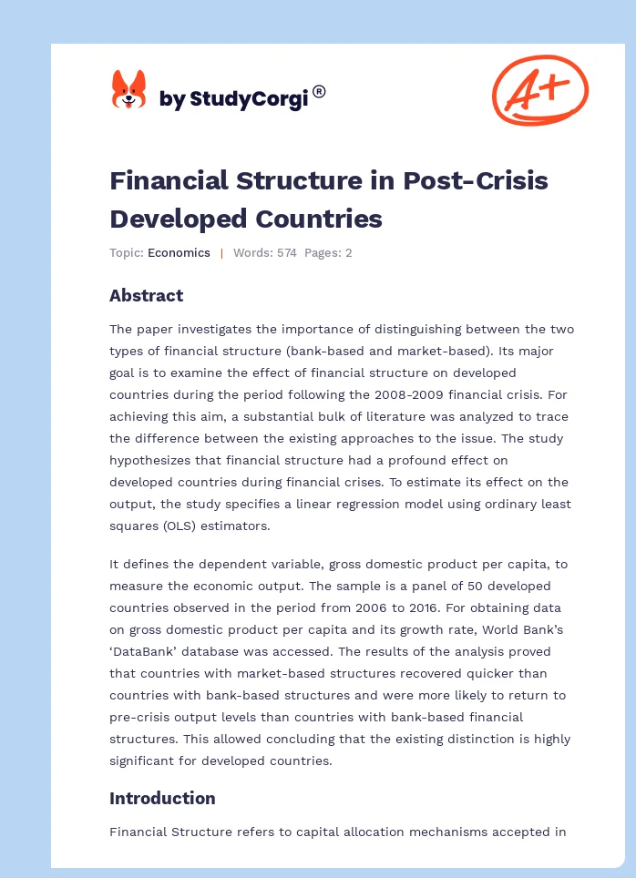 Financial Structure in Post-Crisis Developed Countries. Page 1