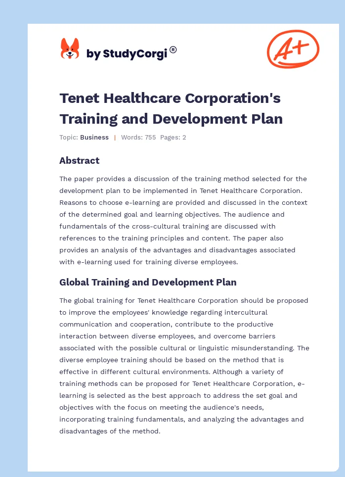 Tenet Healthcare Corporation's Training and Development Plan. Page 1