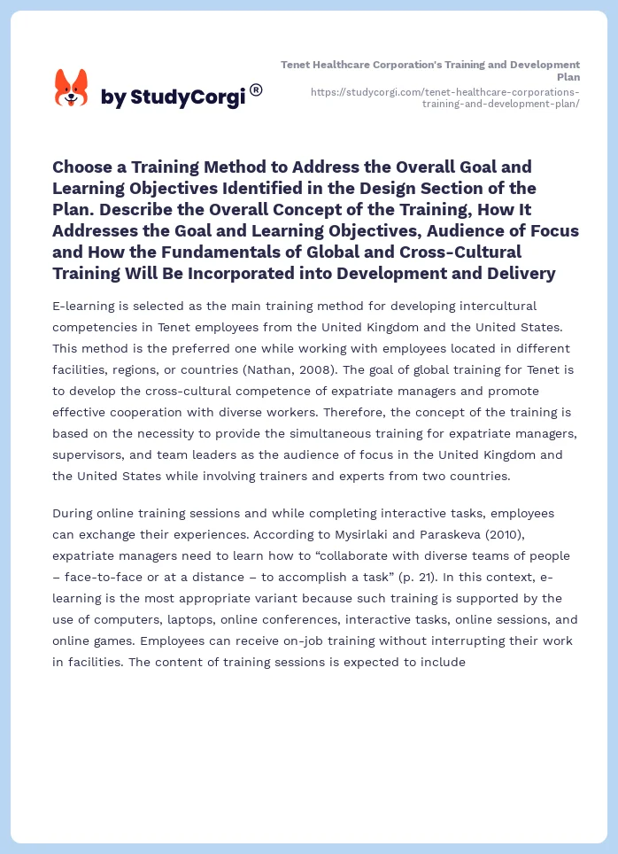 Tenet Healthcare Corporation's Training and Development Plan. Page 2