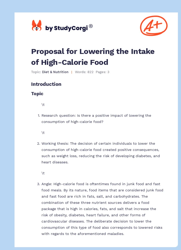 Proposal for Lowering the Intake of High-Calorie Food. Page 1
