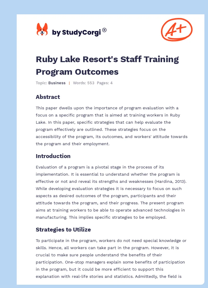 Ruby Lake Resort's Staff Training Program Outcomes. Page 1