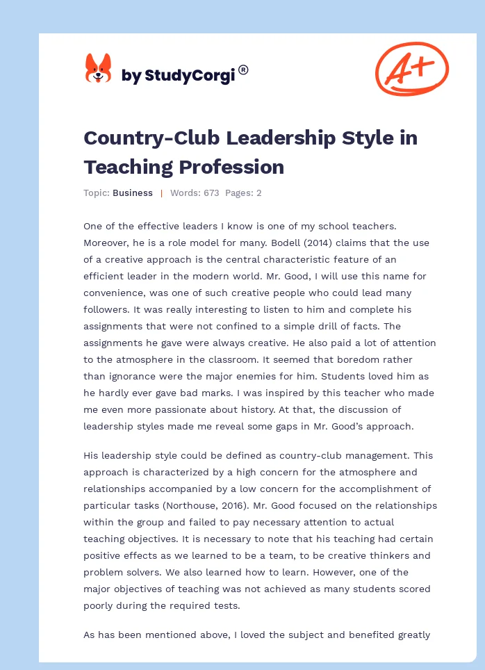 Country-Club Leadership Style in Teaching Profession. Page 1