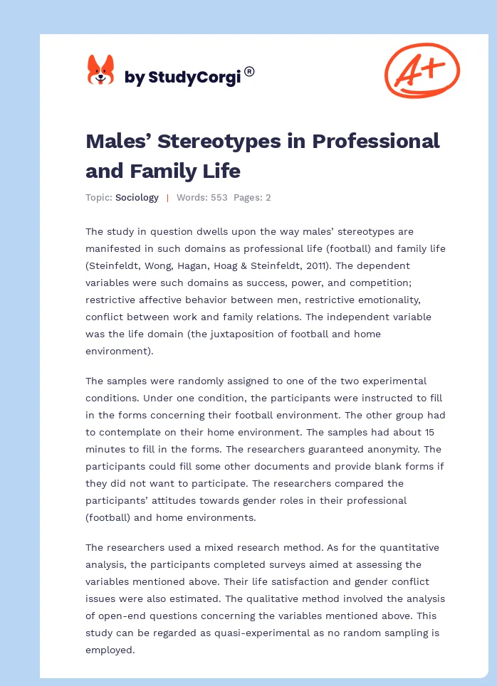 Males’ Stereotypes in Professional and Family Life. Page 1