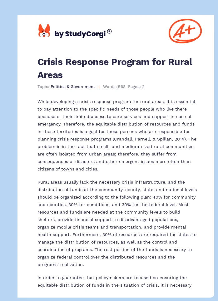 Crisis Response Program for Rural Areas. Page 1