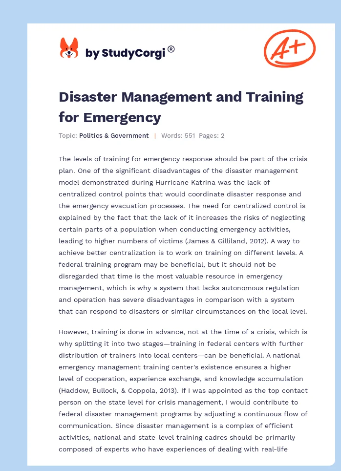 Disaster Management and Training for Emergency. Page 1