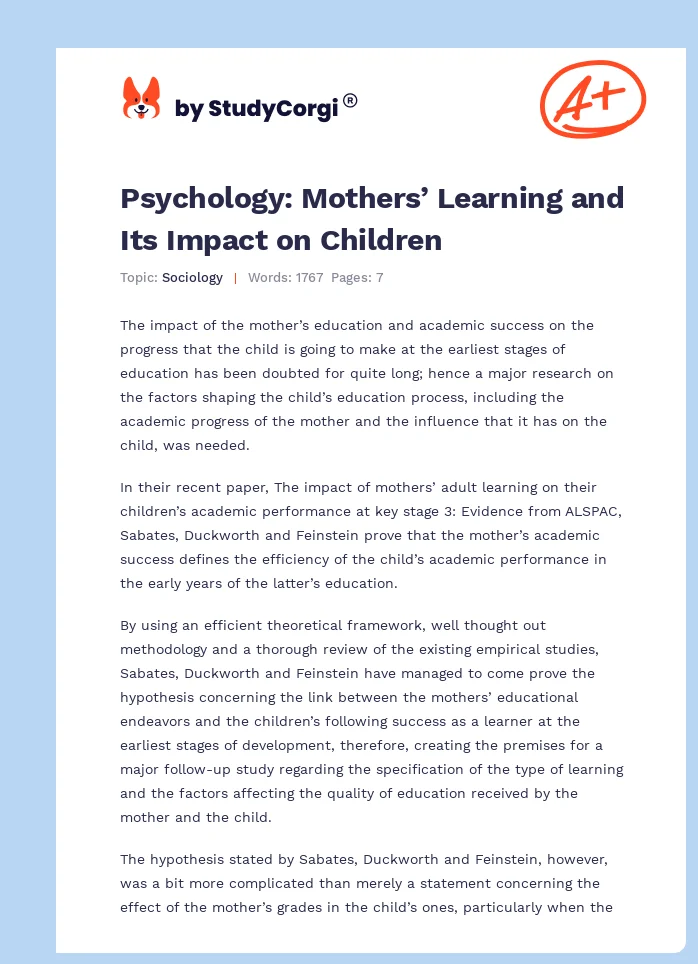 Psychology: Mothers’ Learning and Its Impact on Children. Page 1