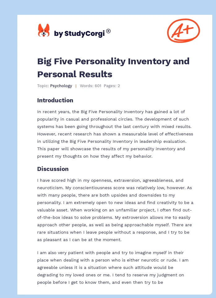 Big Five Personality Inventory and Personal Results. Page 1