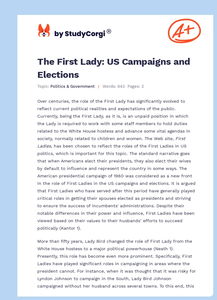 The First Lady: US Campaigns and Elections. Page 1