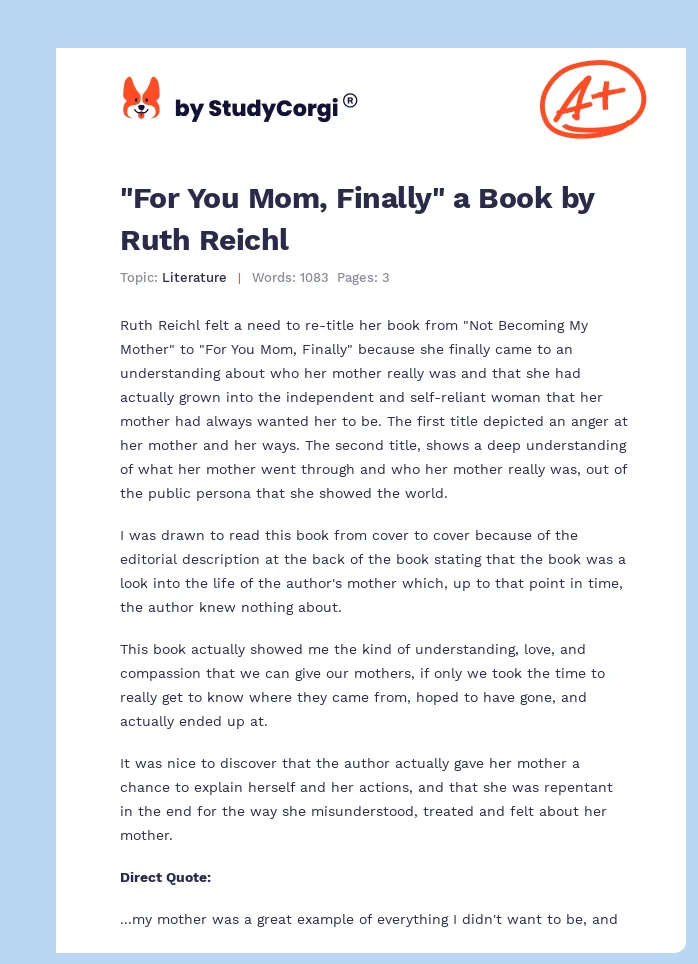 "For You Mom, Finally" a Book by Ruth Reichl. Page 1