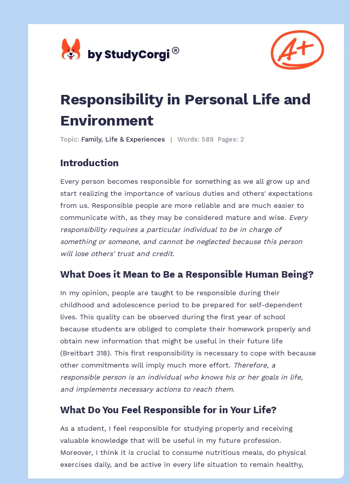 Responsibility in Personal Life and Environment. Page 1